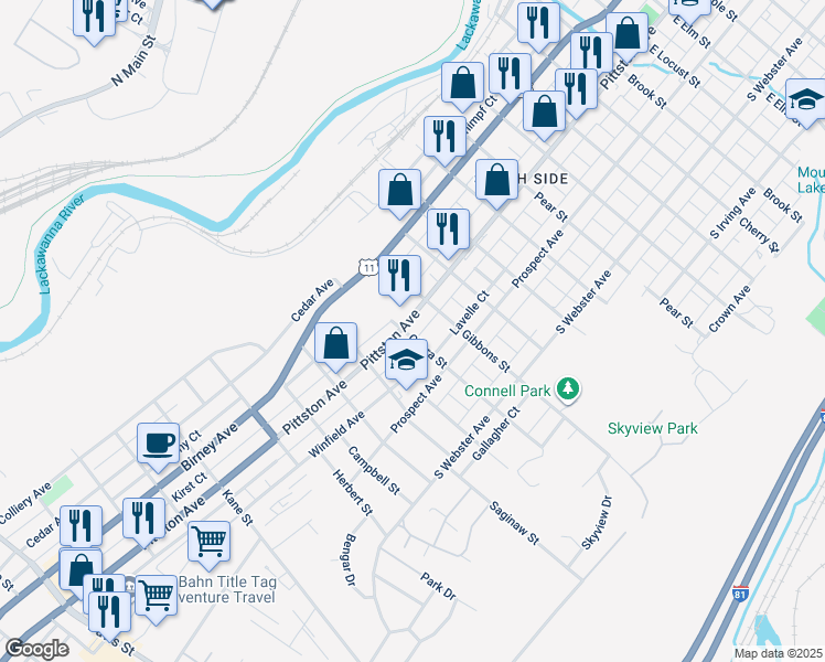 map of restaurants, bars, coffee shops, grocery stores, and more near 2129 Pittston Avenue in Scranton