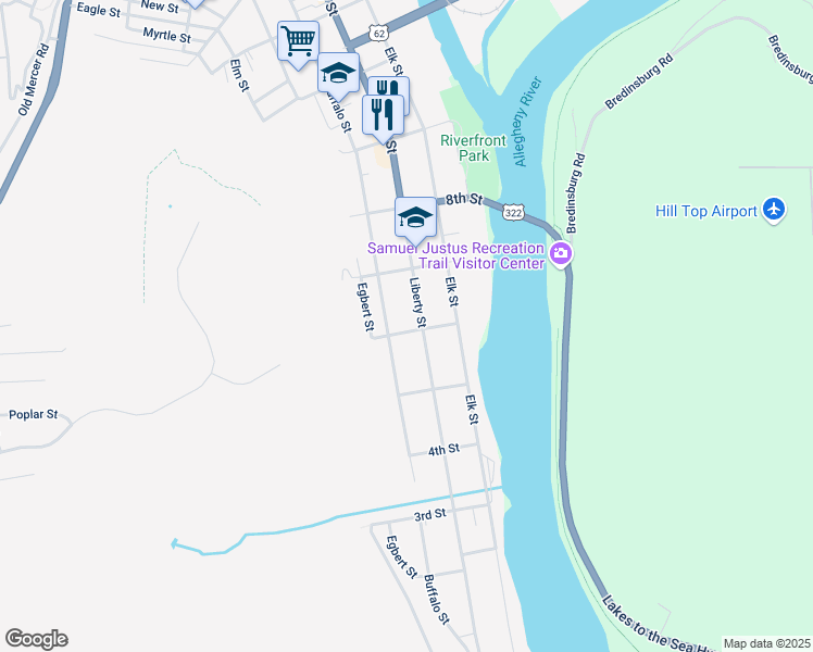 map of restaurants, bars, coffee shops, grocery stores, and more near 542 Buffalo Street in Franklin