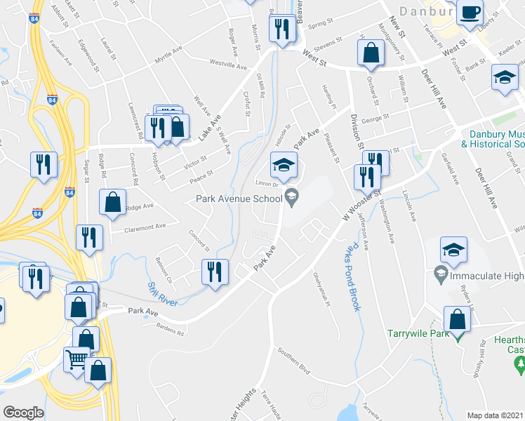map of restaurants, bars, coffee shops, grocery stores, and more near 93 Park Avenue in Danbury