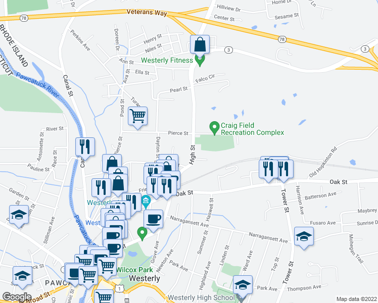 map of restaurants, bars, coffee shops, grocery stores, and more near 158 High Street in Westerly