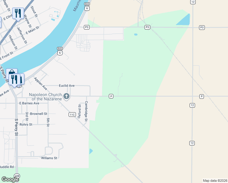 map of restaurants, bars, coffee shops, grocery stores, and more near 12564 County Road P in Napoleon