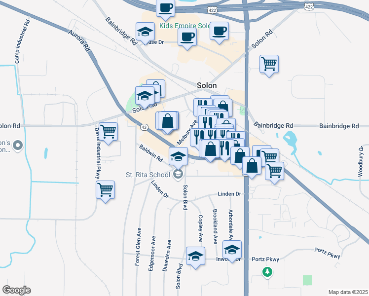 map of restaurants, bars, coffee shops, grocery stores, and more near 33175 Aurora Road in Solon