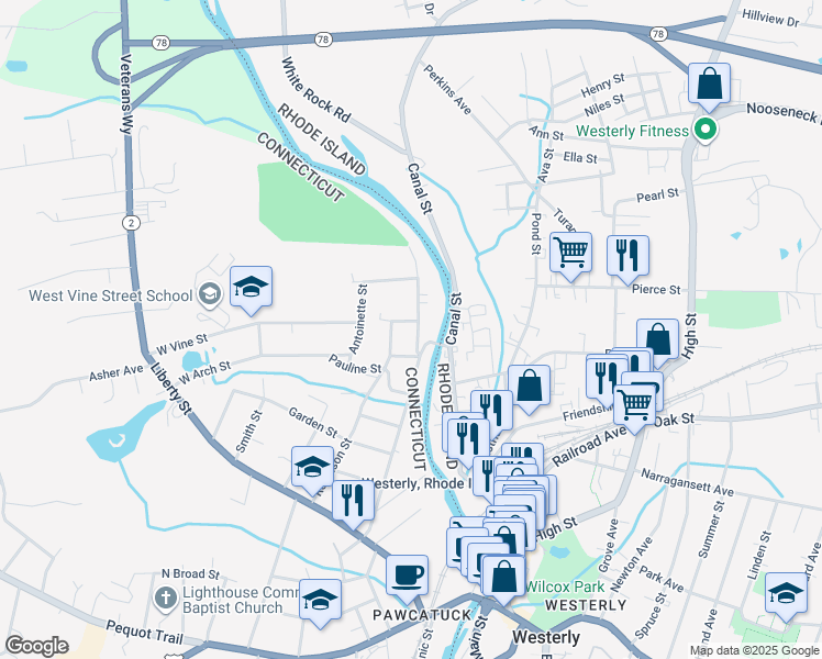 map of restaurants, bars, coffee shops, grocery stores, and more near 75 Stillman Avenue in Stonington