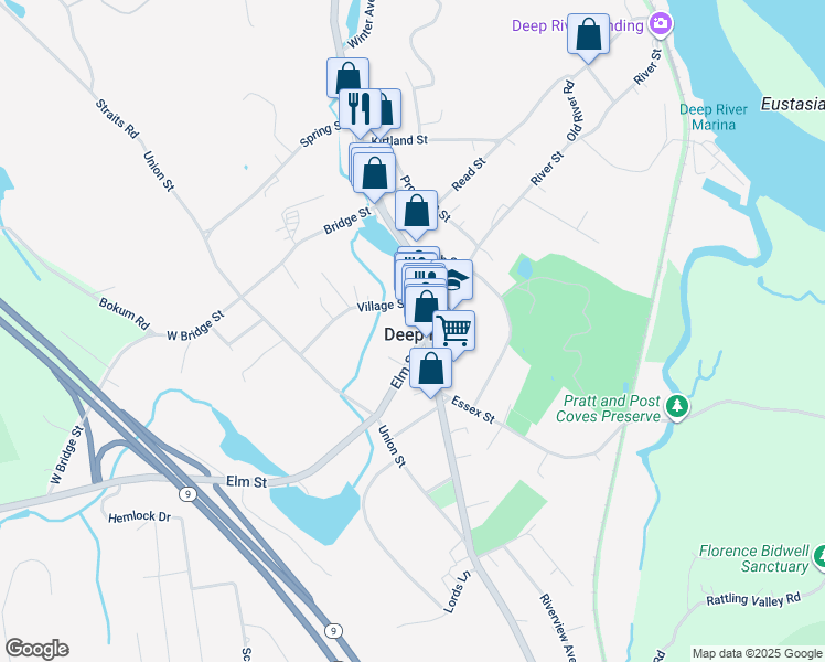 map of restaurants, bars, coffee shops, grocery stores, and more near 8 Elm Street in Deep River