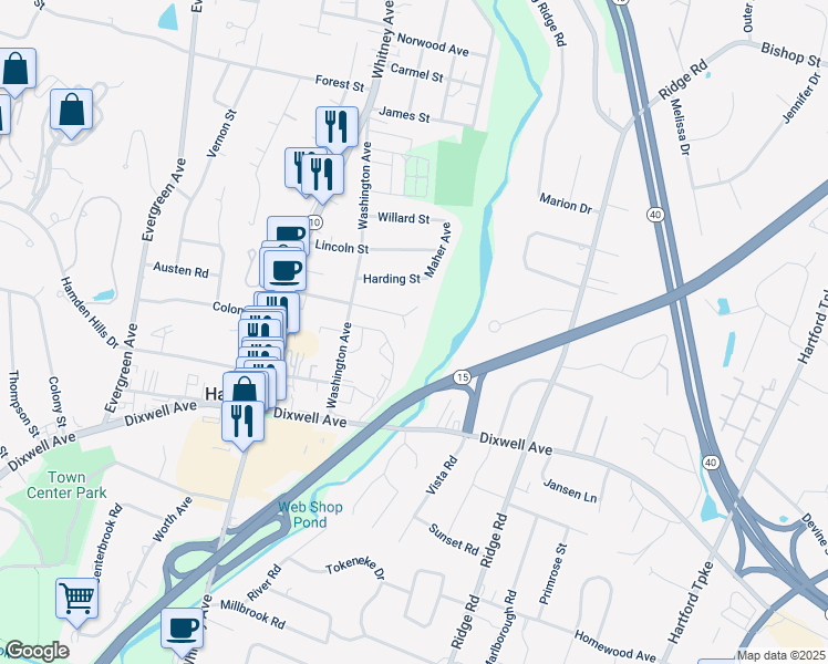 map of restaurants, bars, coffee shops, grocery stores, and more near 66 Washington Road in Hamden