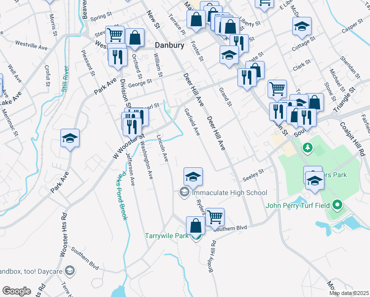 map of restaurants, bars, coffee shops, grocery stores, and more near 33 Lincoln Avenue in Danbury