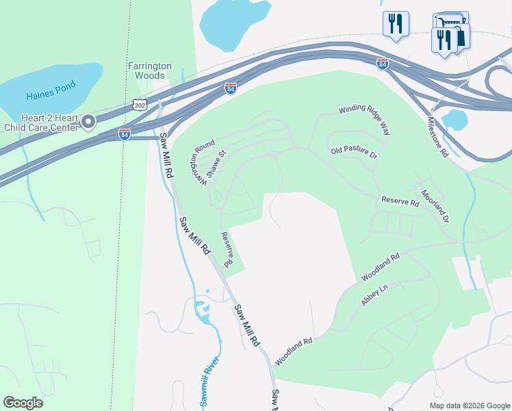map of restaurants, bars, coffee shops, grocery stores, and more near 5 Reserve Road in Danbury