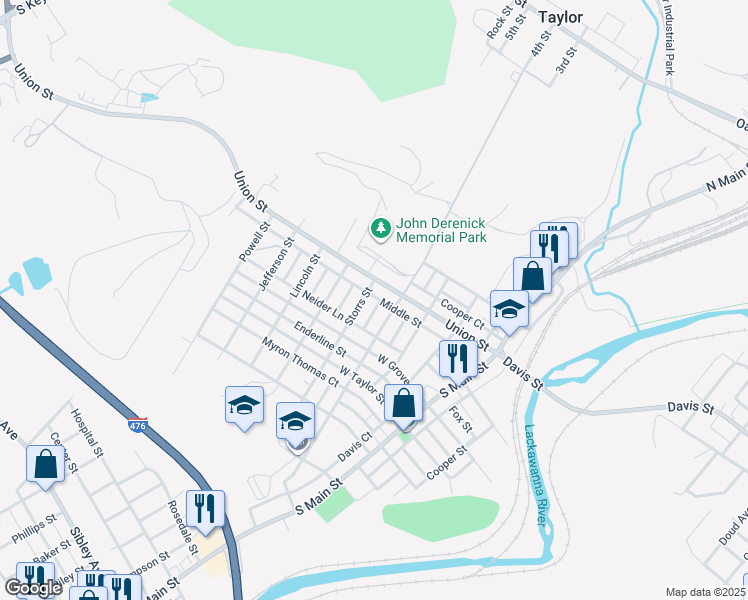 map of restaurants, bars, coffee shops, grocery stores, and more near 119 South Washington Street in Taylor