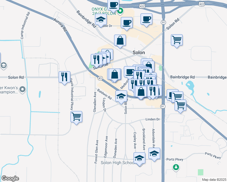 map of restaurants, bars, coffee shops, grocery stores, and more near 32831 Baldwin Road in Solon