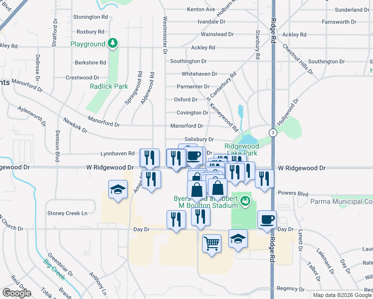 map of restaurants, bars, coffee shops, grocery stores, and more near 8260 West Ridgewood Drive in Parma