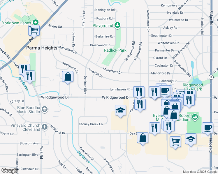 map of restaurants, bars, coffee shops, grocery stores, and more near 9272 West Ridgewood Drive in Parma Heights
