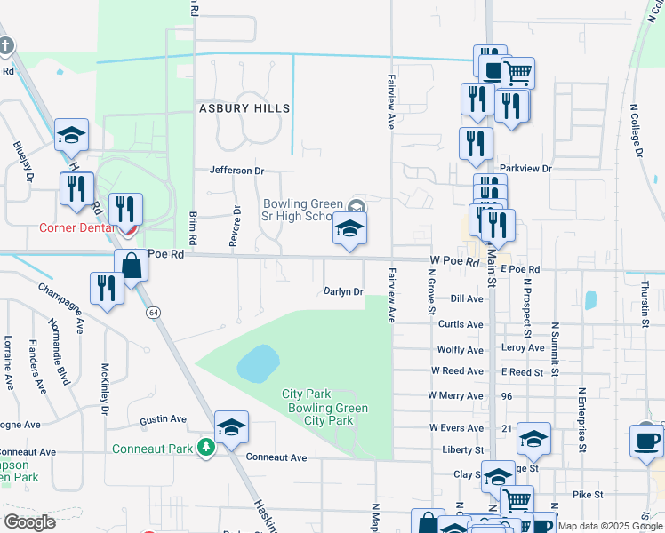 map of restaurants, bars, coffee shops, grocery stores, and more near 46 Darlyn Drive in Bowling Green