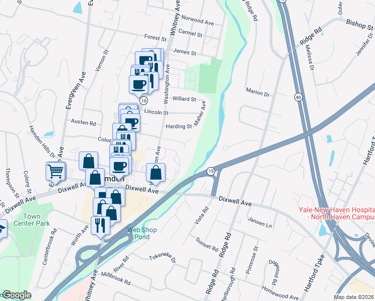 map of restaurants, bars, coffee shops, grocery stores, and more near 66 Washington Road in Hamden