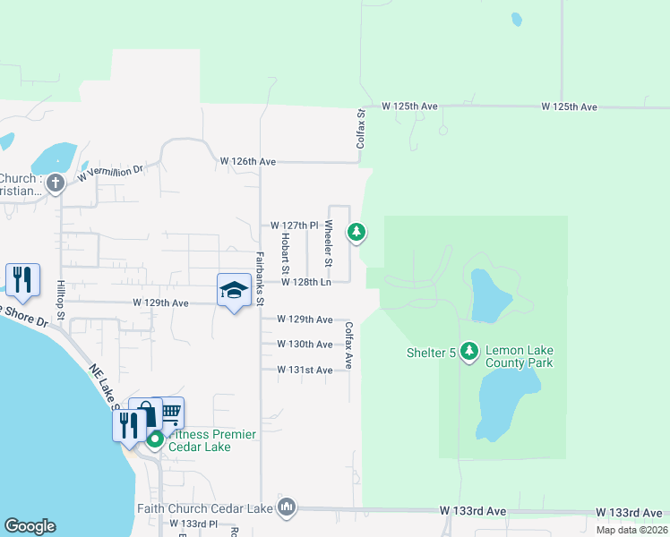 map of restaurants, bars, coffee shops, grocery stores, and more near 6407 W 128th Ln in Cedar Lake