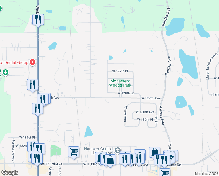 map of restaurants, bars, coffee shops, grocery stores, and more near 10128-10208 West 128th Lane in Cedar Lake