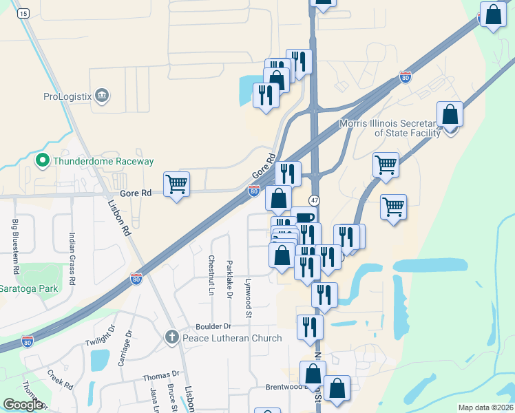 map of restaurants, bars, coffee shops, grocery stores, and more near 118 Sharon Drive in Morris