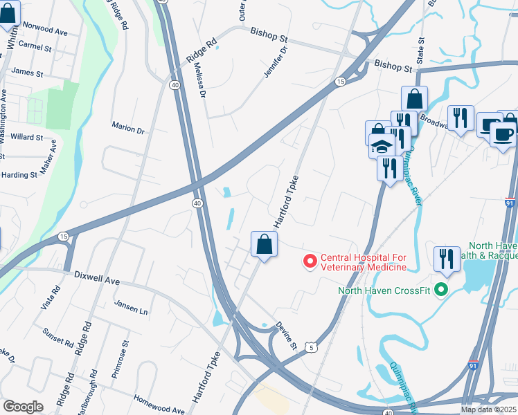 map of restaurants, bars, coffee shops, grocery stores, and more near 5 Rose Lane in North Haven