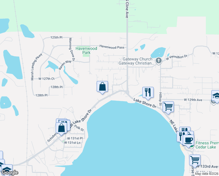 map of restaurants, bars, coffee shops, grocery stores, and more near 8200 Lake Shore Drive in Cedar Lake