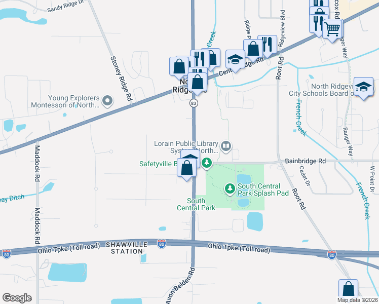 map of restaurants, bars, coffee shops, grocery stores, and more near 7275 Avon Belden Road in North Ridgeville