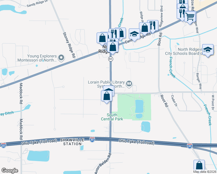 map of restaurants, bars, coffee shops, grocery stores, and more near 7275 Avon Belden Road in North Ridgeville