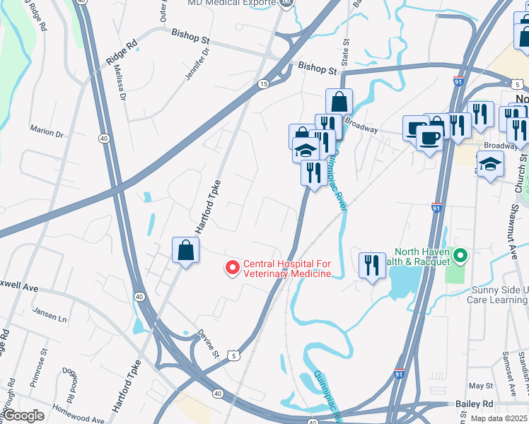 map of restaurants, bars, coffee shops, grocery stores, and more near 100 State Street in North Haven