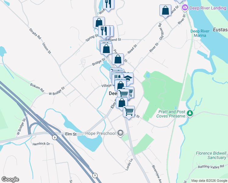 map of restaurants, bars, coffee shops, grocery stores, and more near 58 Village Street in Deep River