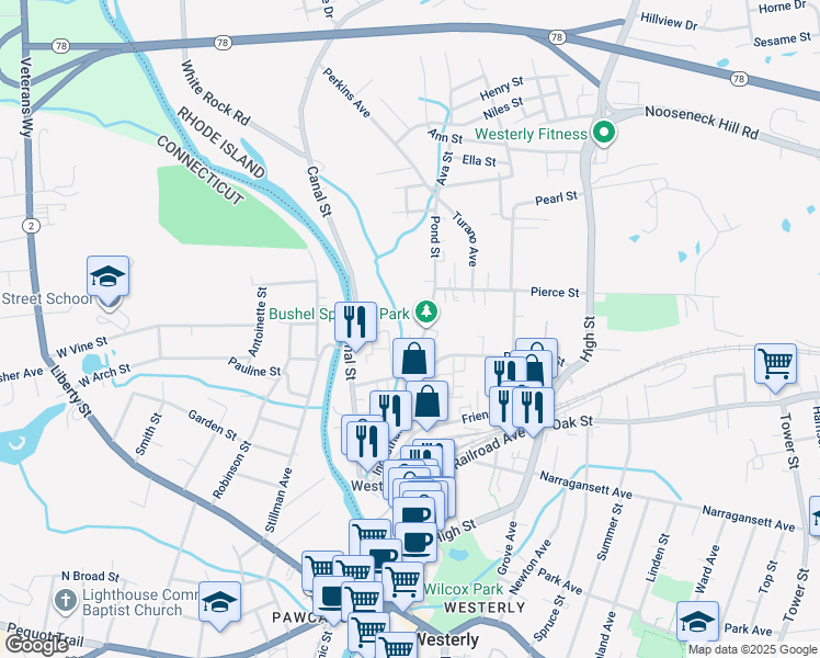 map of restaurants, bars, coffee shops, grocery stores, and more near 6 Lilac Drive in Westerly