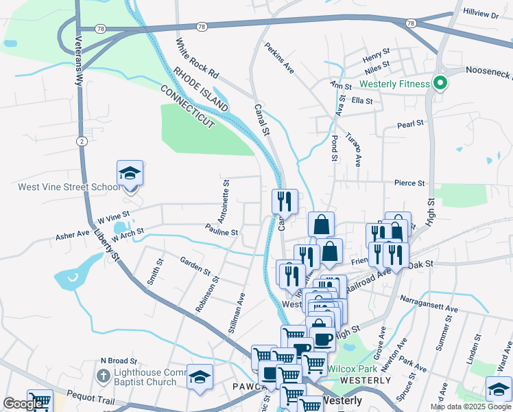 map of restaurants, bars, coffee shops, grocery stores, and more near 95 Stillman Avenue in Stonington