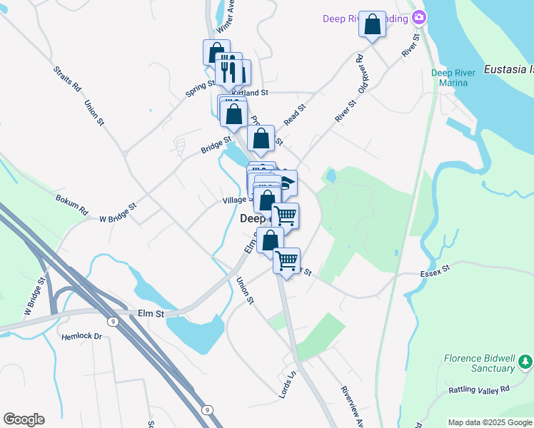 map of restaurants, bars, coffee shops, grocery stores, and more near 17 River Street in Deep River