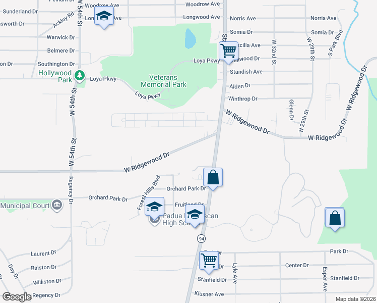 map of restaurants, bars, coffee shops, grocery stores, and more near 4212 West Ridgewood Drive in Parma
