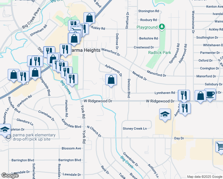 map of restaurants, bars, coffee shops, grocery stores, and more near 6455 Princeton Court in Cleveland