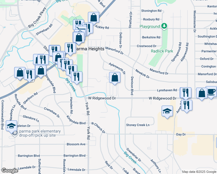 map of restaurants, bars, coffee shops, grocery stores, and more near 6455 Princeton Court in Cleveland