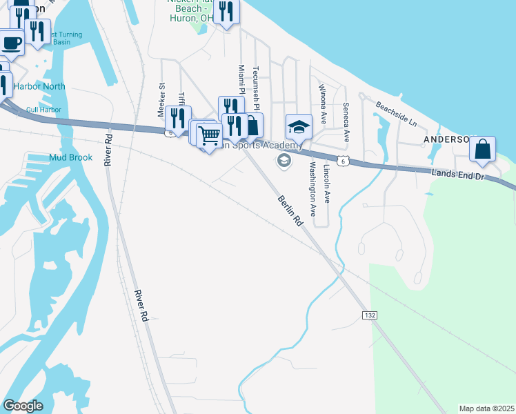 map of restaurants, bars, coffee shops, grocery stores, and more near 531 Berlin Road in Huron