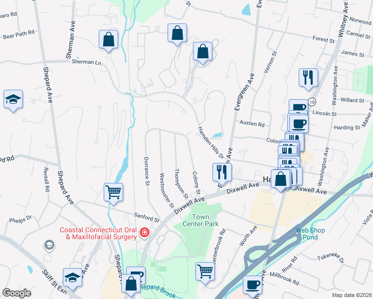 map of restaurants, bars, coffee shops, grocery stores, and more near 150 Colony Street in Hamden