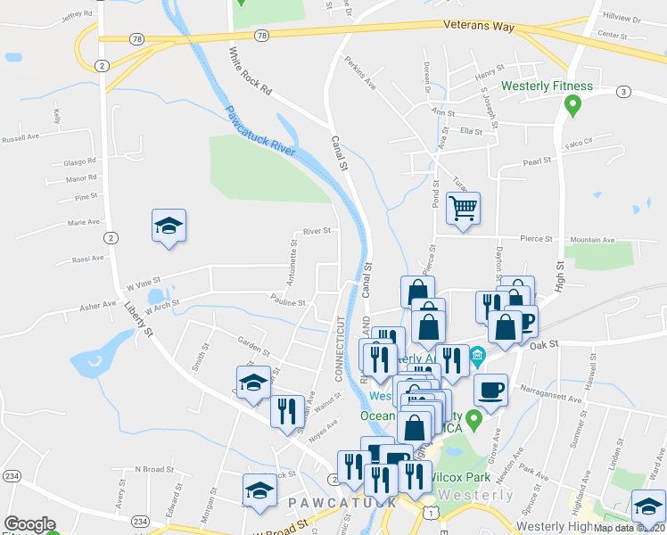 map of restaurants, bars, coffee shops, grocery stores, and more near 88 Stillman Avenue in Stonington