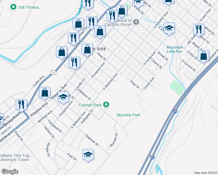 map of restaurants, bars, coffee shops, grocery stores, and more near 1826 South Webster Avenue in Scranton