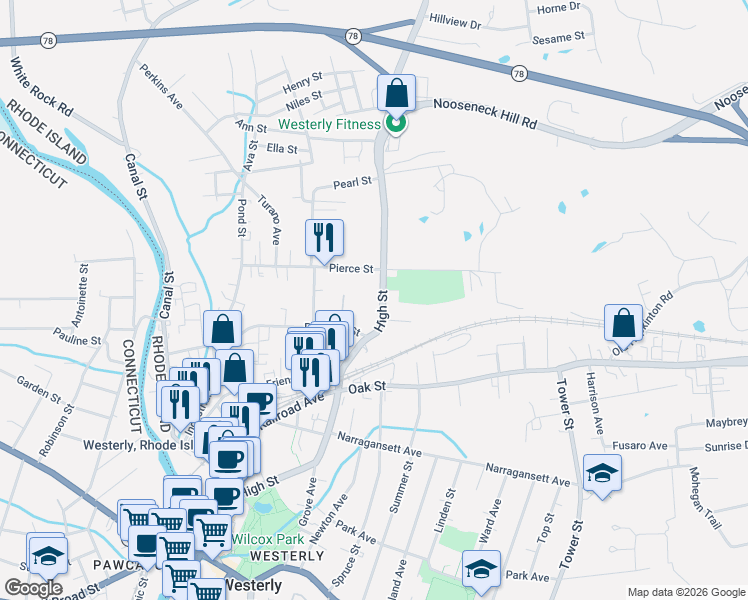 map of restaurants, bars, coffee shops, grocery stores, and more near 177 High Street in Westerly