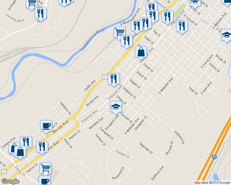 map of restaurants, bars, coffee shops, grocery stores, and more near 2127 Pittston Avenue in Scranton