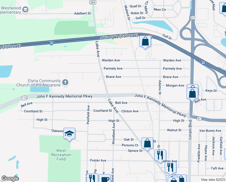map of restaurants, bars, coffee shops, grocery stores, and more near 121 Morgan Avenue in Elyria