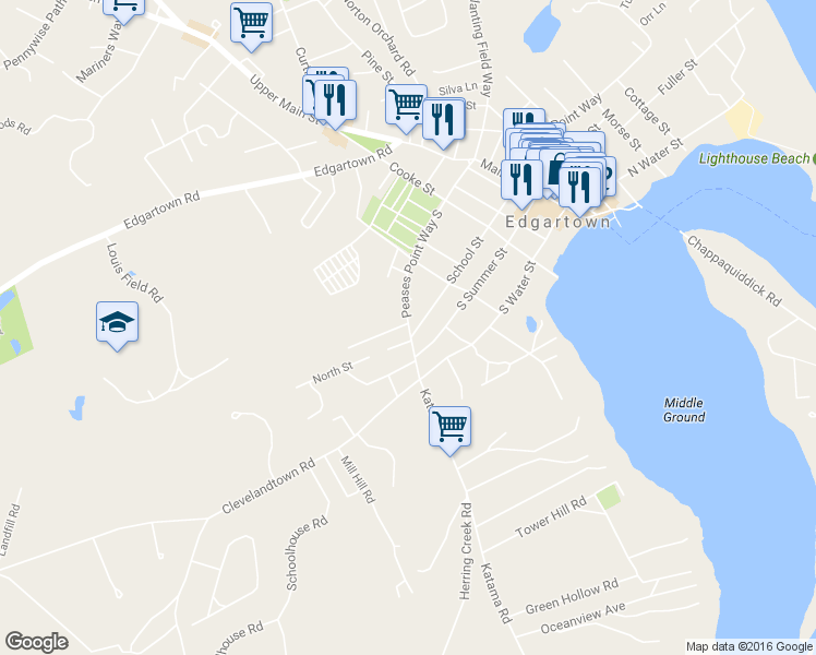map of restaurants, bars, coffee shops, grocery stores, and more near 104-110 Peases Point Way South in Edgartown