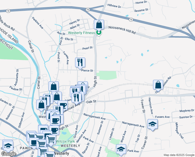 map of restaurants, bars, coffee shops, grocery stores, and more near 177 High Street in Westerly