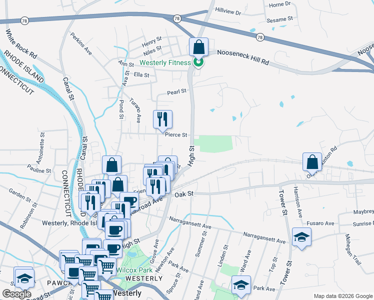 map of restaurants, bars, coffee shops, grocery stores, and more near 177 High Street in Westerly
