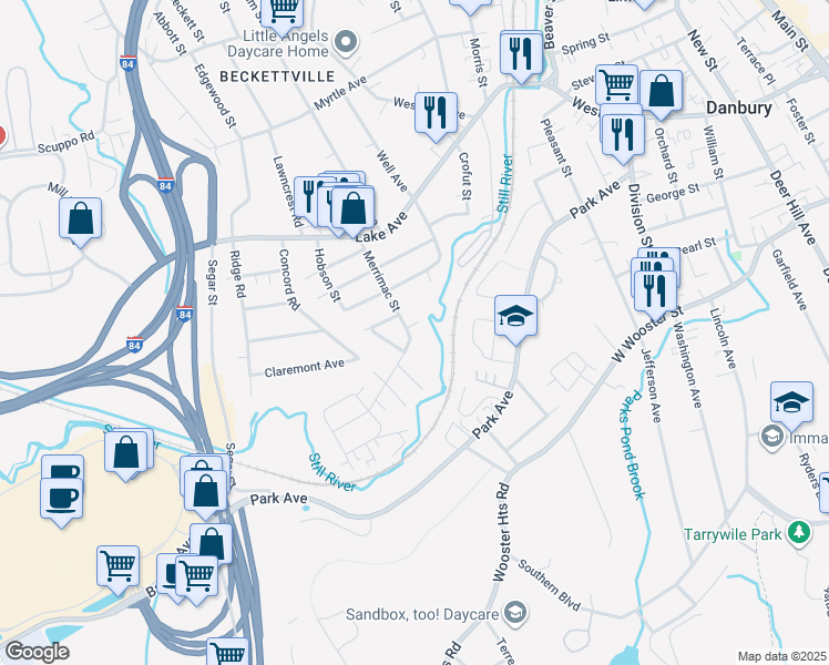 map of restaurants, bars, coffee shops, grocery stores, and more near 36 Merrimac Street in Danbury