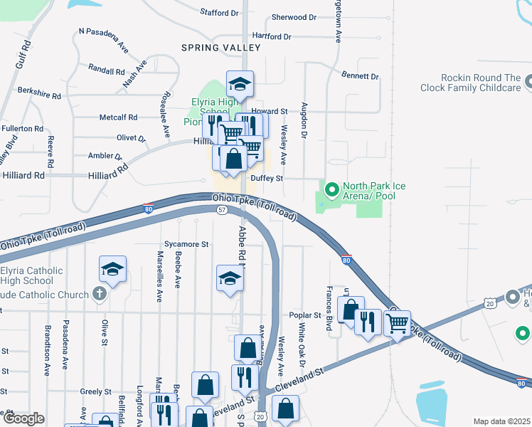 map of restaurants, bars, coffee shops, grocery stores, and more near 452 Wesley Avenue in Elyria