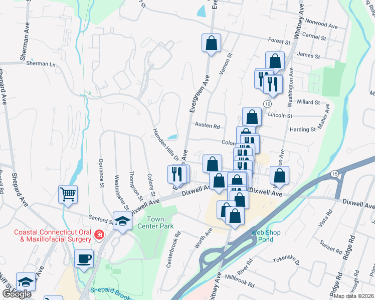 map of restaurants, bars, coffee shops, grocery stores, and more near 144 Colonial Drive in Hamden