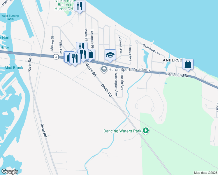 map of restaurants, bars, coffee shops, grocery stores, and more near 538 Berlin Road in Huron