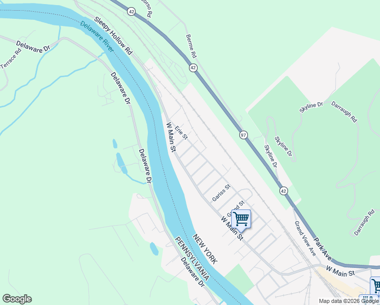 map of restaurants, bars, coffee shops, grocery stores, and more near 89 Erie Street in Port Jervis