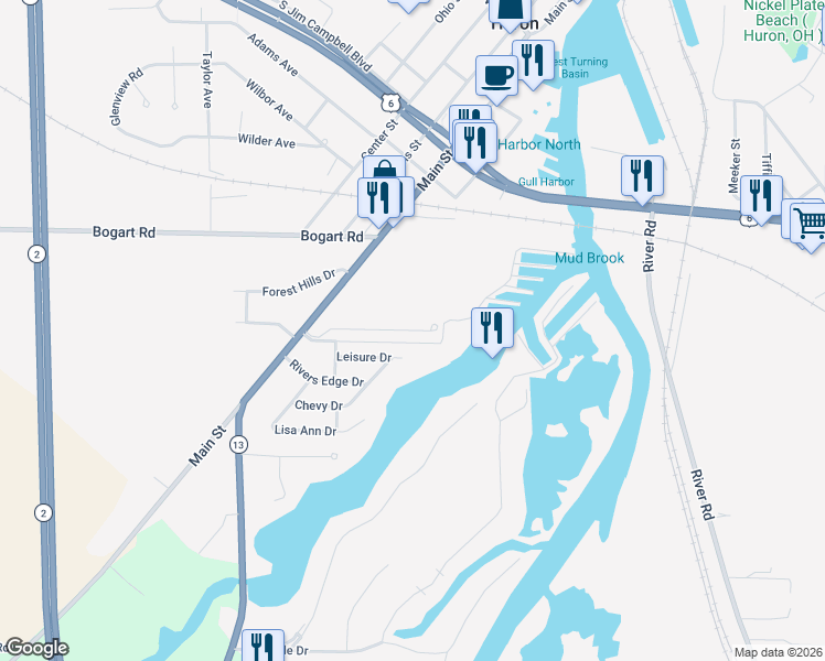 map of restaurants, bars, coffee shops, grocery stores, and more near 127 North Port Lane in Huron