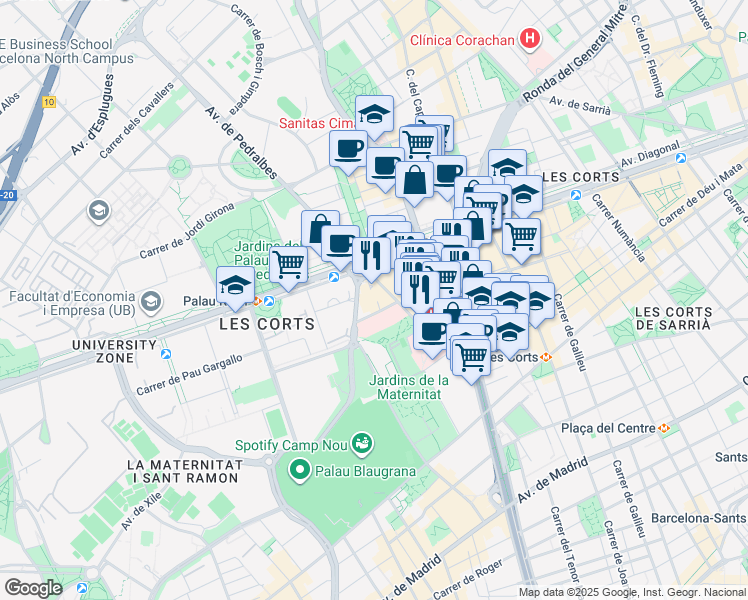map of restaurants, bars, coffee shops, grocery stores, and more near 4 Plaça Pius XII in Barcelona