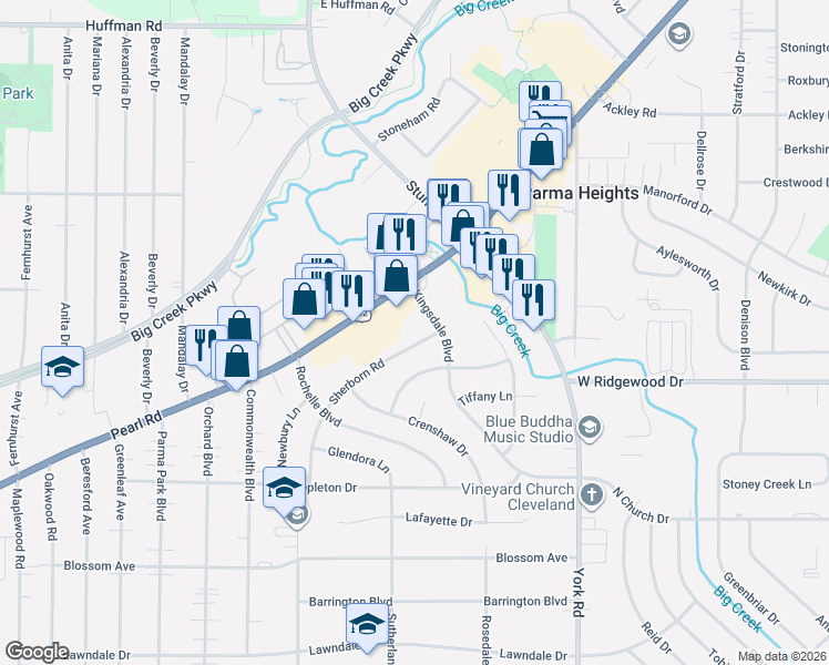 map of restaurants, bars, coffee shops, grocery stores, and more near 6389 Pearl Road in Parma Heights